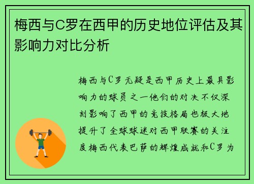梅西与C罗在西甲的历史地位评估及其影响力对比分析 梅西与C罗在西甲的历史地位评估及其影响力对比分析